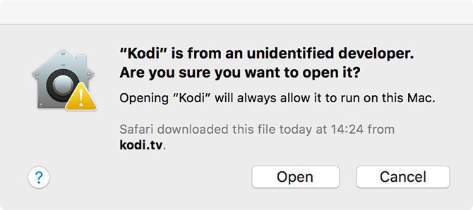 Kodi Open Предупреждение о безопасности Mac