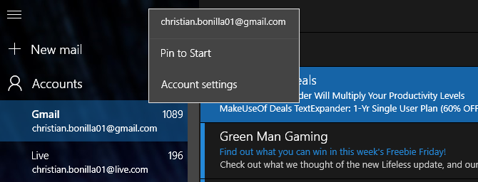Windows 10 Mail Pin для запуска меню