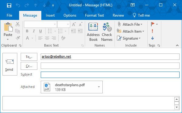 Командный переключатель добавления вложений в Windows 10 Outlook