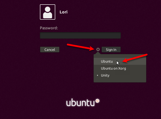 Выберите рабочий стол Ubuntu перед входом