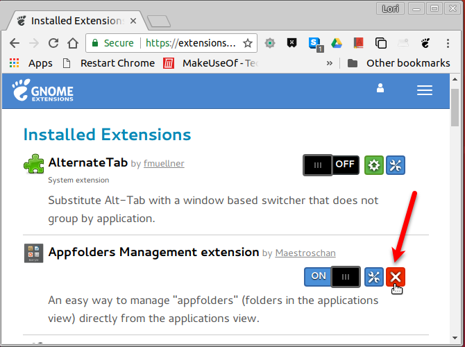 Удалите расширение на веб-сайте GNOME Extensions