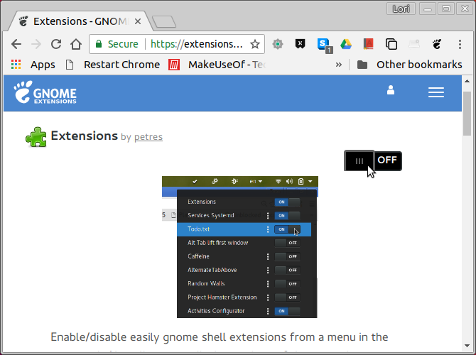 Включите расширение на веб-сайте GNOME Extensions в Chrome