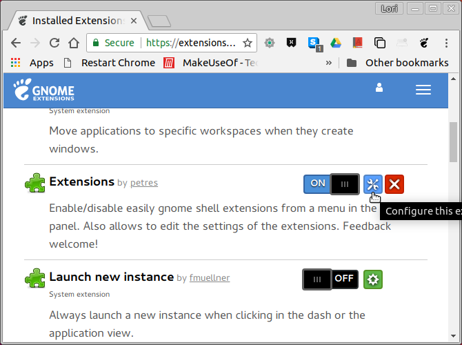 Управление расширениями на веб-сайте GNOME Extensions