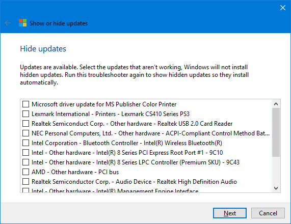 Windows 10 Скрыть список обновлений