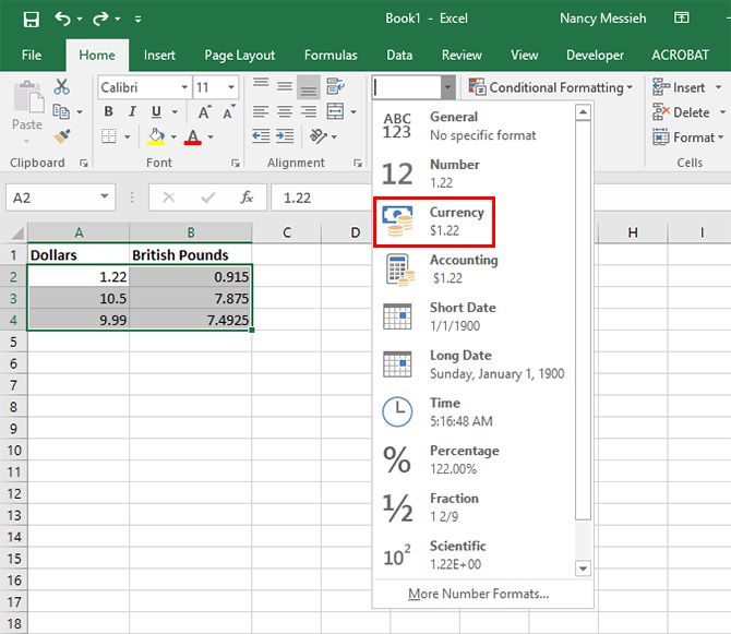 Как использовать различные символы валют в определенных ячейках в Excel Excel Валюта 1
