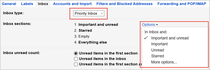 приоритет почтовых ящиков настроек gmail