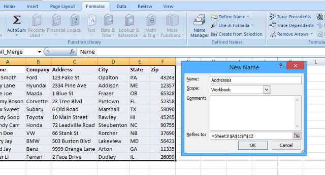 Определить имя в Excel