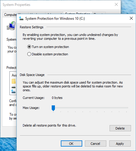 Защита системы Windows 10