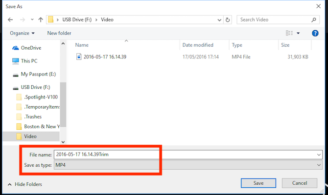 Сохранение нового обрезанного видео в Windows
