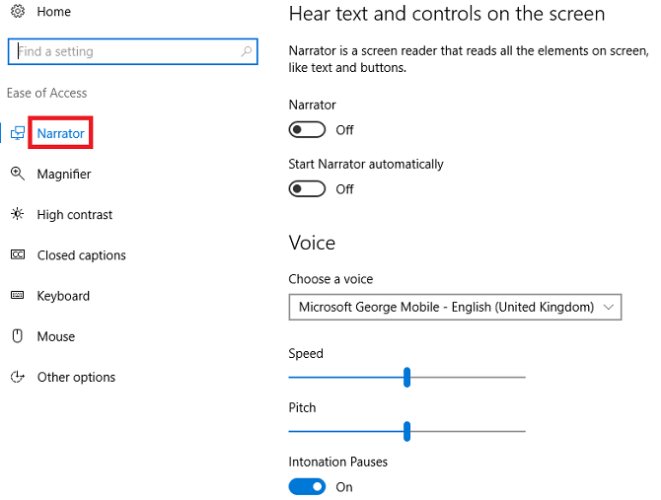 Краткое руководство по средствам доступности для Windows 10 Рассказчик windows10 661x500