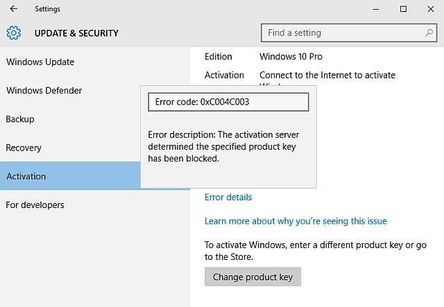 Код ошибки активации Windows 10
