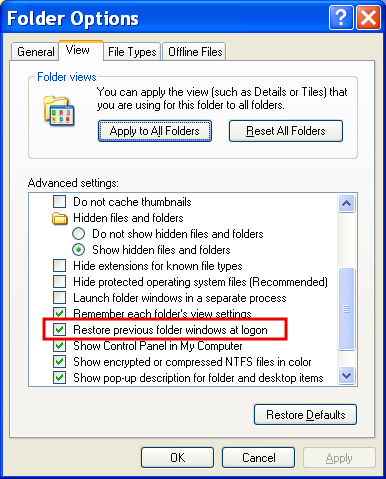 Как автоматически восстановить открытые папки после перезапуска папок Windows