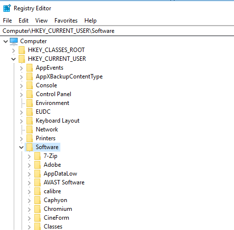 Реестр Windows HKEY_Current_User / Программное обеспечение