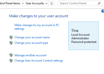 Учетные записи пользователей панели управления Windows 8.1