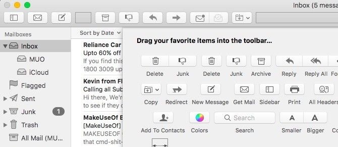 Mac Mail - Настройка панели инструментов