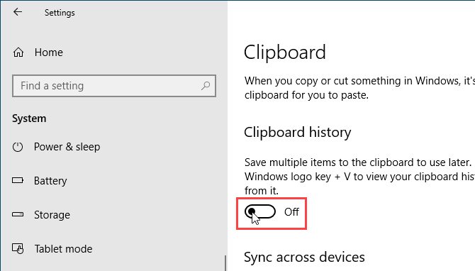 Отключить историю буфера обмена в настройках Windows 10