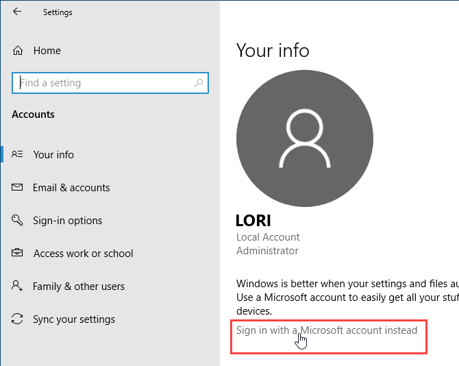 Вместо этого войдите в систему под учетной записью Microsoft в настройках Windows 10.