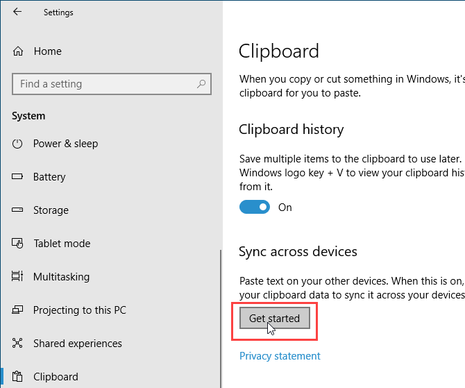 Нажмите «Начало работы» в разделе «Синхронизация между устройствами» для буфера обмена Windows 10.