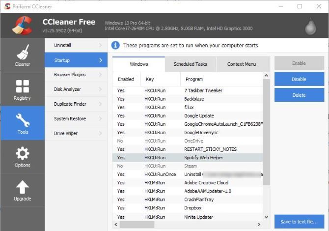 6 Советы и рекомендации CCleaner по эффективной очистке компьютера 02 CCleaner Disable Startup Items