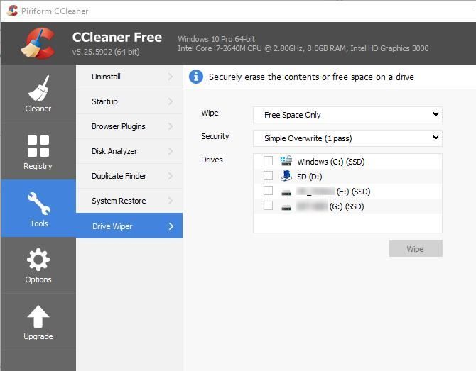 6 Советы и рекомендации CCleaner по эффективной очистке компьютера 04 CCleaner Drive Wiper