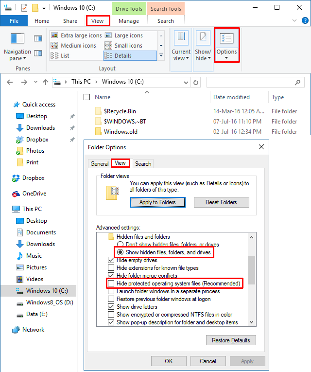Настройки папки Windows 10 отмечены