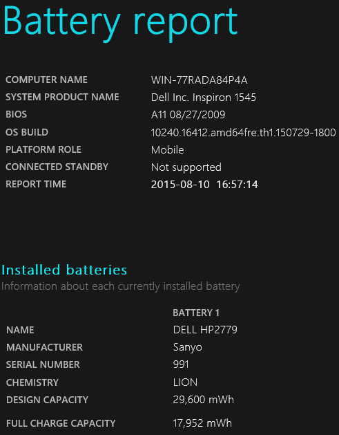 Отчет о батарее в Windows 10