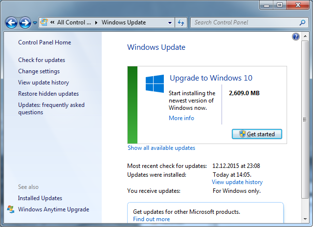 Обновление до Windows 10 в Windows 7