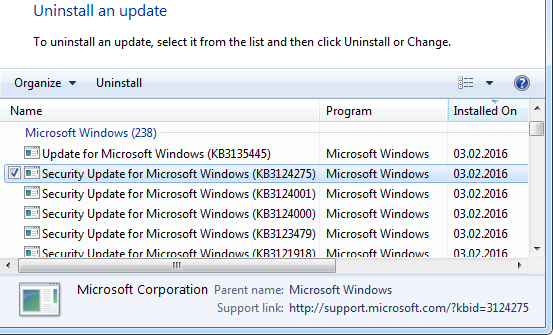 Windows 7 Установленные обновления