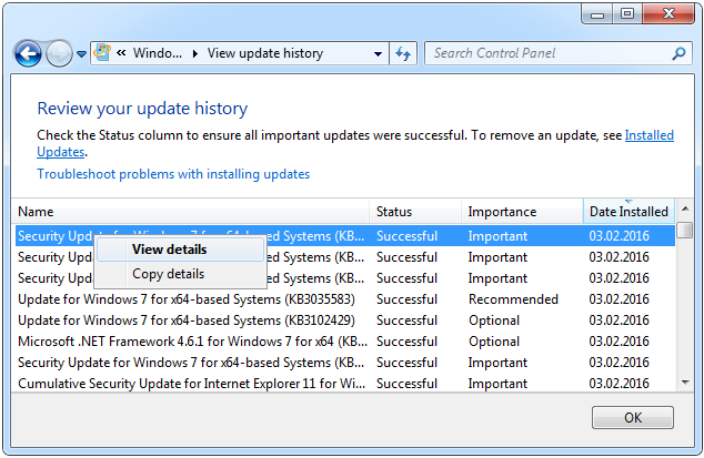 История обновлений Windows 7