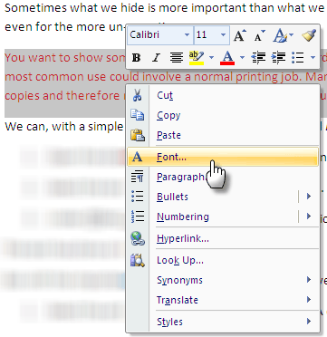 скрыть текст в Microsoft Word 2007
