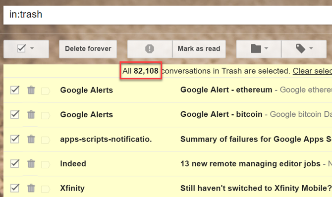 Очистить корзину Gmail