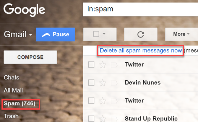 Удалить спам Gmail