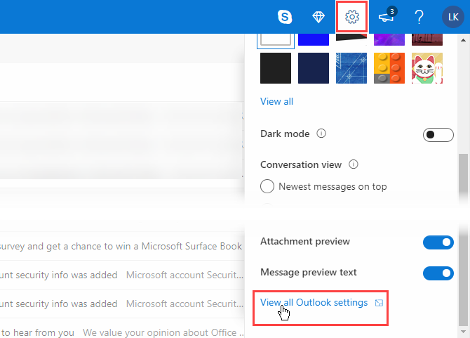 Нажмите Просмотреть все настройки Outlook в Outlook Web App.