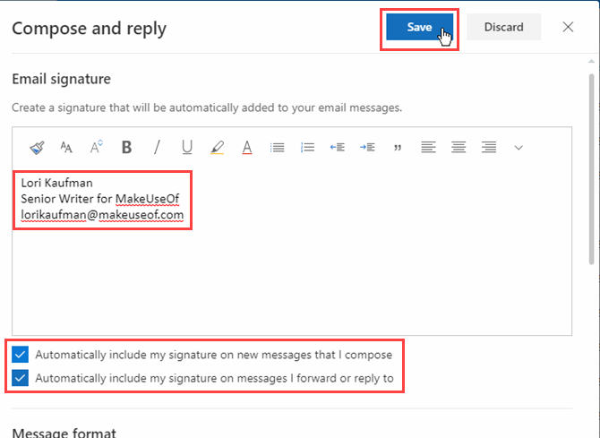 Создайте подпись и нажмите Сохранить в Outlook в Office 365