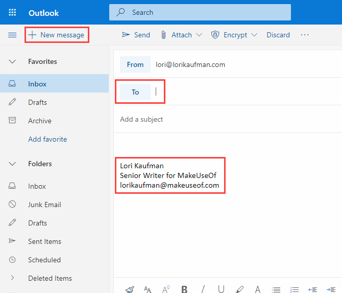 Подпись автоматически вставляется в новое письмо в Outlook в Office 365