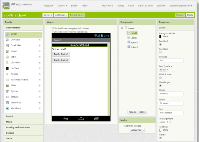 android создать приложение appinventor screen1 labelconfig