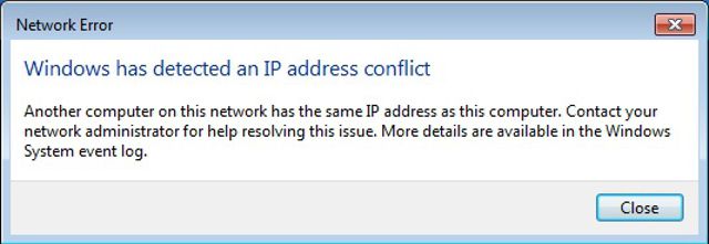 окна сообщения об ошибке конфликта IP