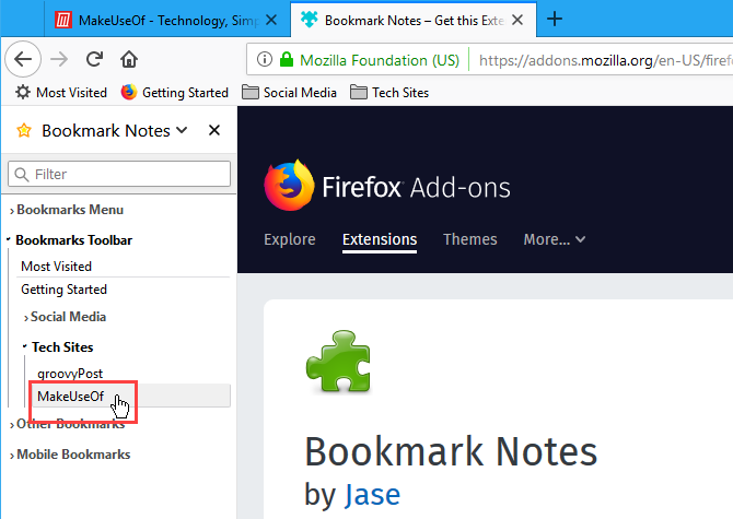 Нажмите на закладку в дополнении Bookmark Notes в Firefox