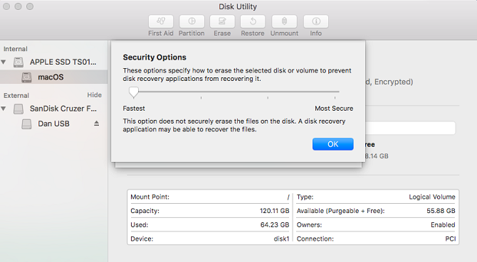 Ползунок параметров безопасности диска в формате Mac