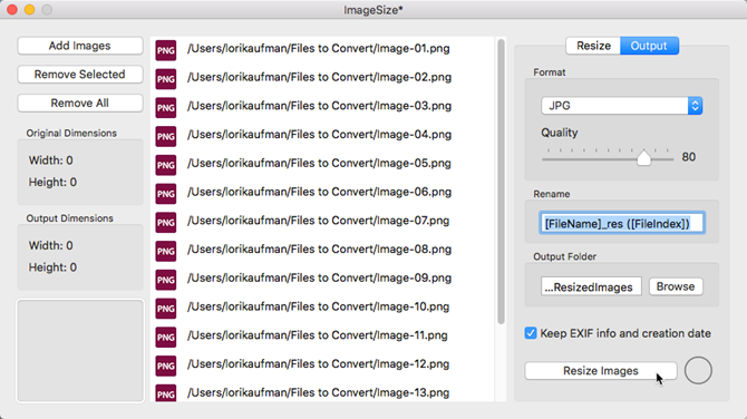 пакетное преобразование изменить размер изображения Mac изображения
