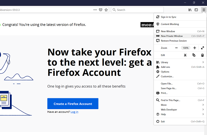 Firefox выпадающее меню режим приватного браузера