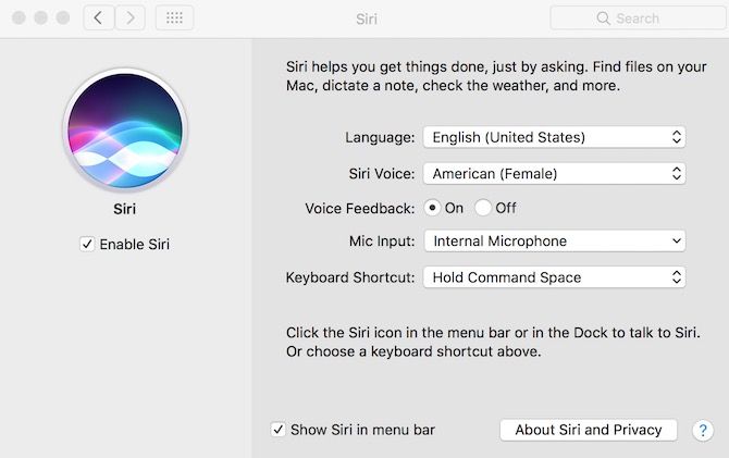 Настройки Siri в macOS Sierra