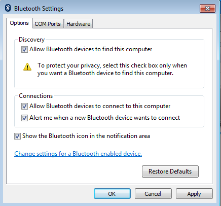 Windows 7 Параметры Bluetooth