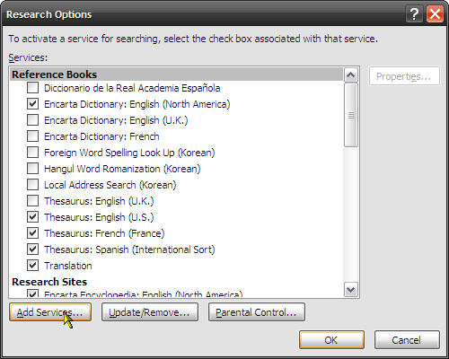 Как использовать функцию исследования в Microsoft Word 2007 4 добавить службы