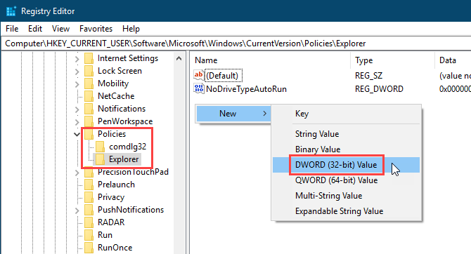 Добавьте новое значение DWORD в редакторе реестра Windows 10