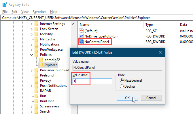 Установите значение NoControlPanel равным 1 в редакторе реестра Windows 10