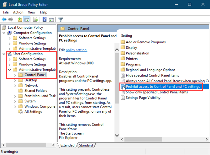 Дважды щелкните Запретить доступ к панели управления и настройкам ПК в редакторе локальной групповой политики в Windows 10