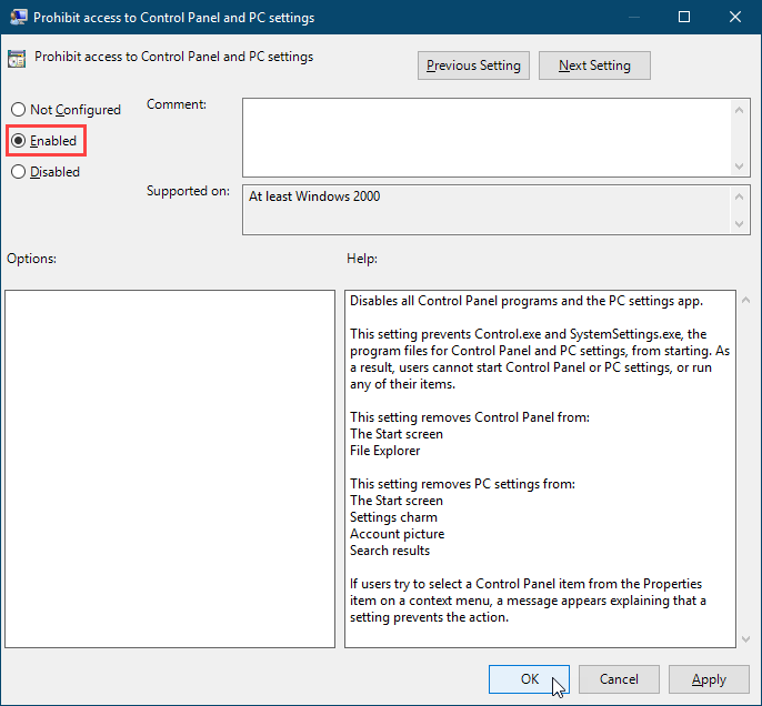 Включите параметр «Запретить доступ к панели управления и параметрам компьютера» в редакторе локальной групповой политики в Windows 10