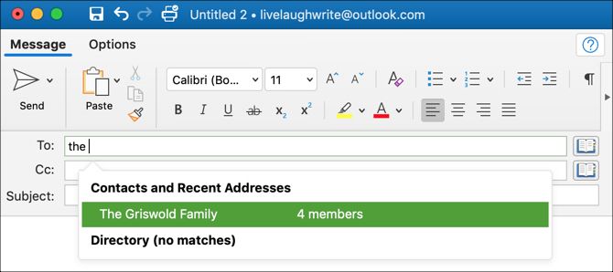 Групповое предложение для новой электронной почты Outlook Mac