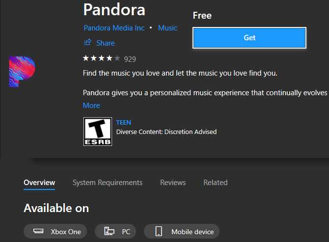 Страница приложения Microsoft Store Pandora